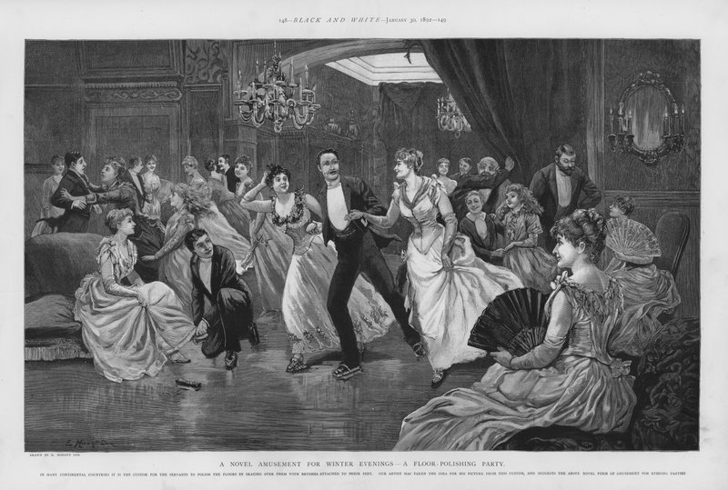 En ny fornøyelse for vinterkvelder - en gulvpoleringsfest (litho) av Edward Morant Cox