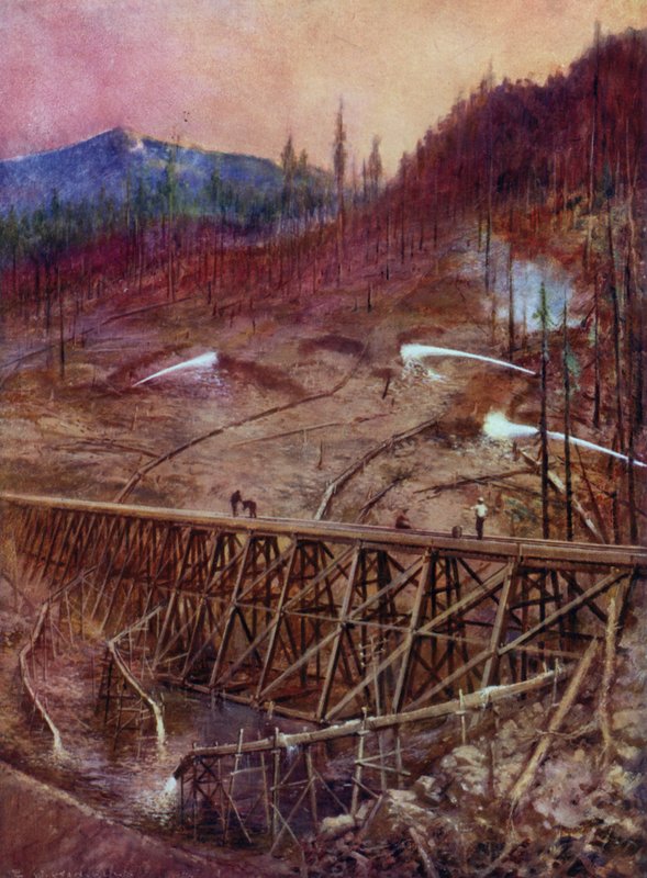 Fylle ut en bukk på en jernbane ved hydraulisk slusing (farge litho) av Edward Parick Kinsella