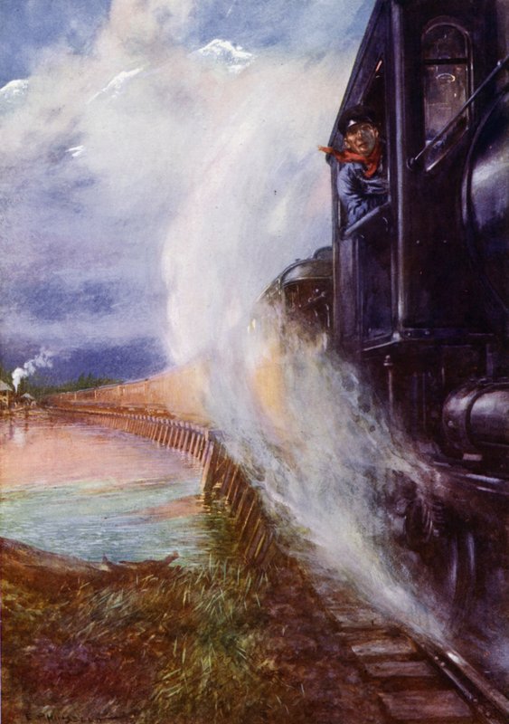 Tog som passerer langs Skeena-elven på Grand Trunk Pacific Railway, Canada (farge litho) av Edward Parick Kinsella