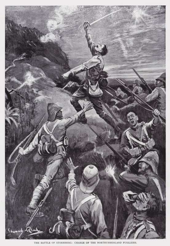 Slaget ved Stormberg, anklage for Northumberland Fusiliers (litho) av Edward Read