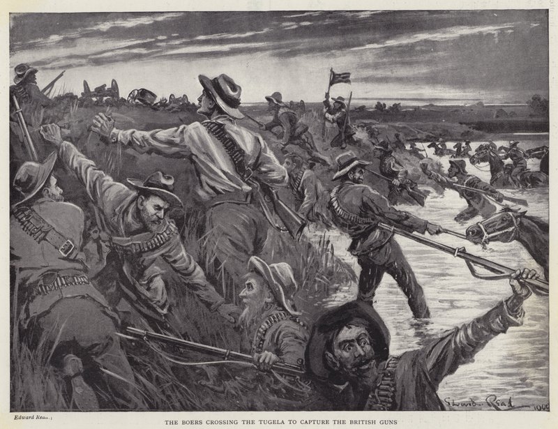 Boerne krysser Tugela for å fange de britiske kanonene (litho) av Edward Read