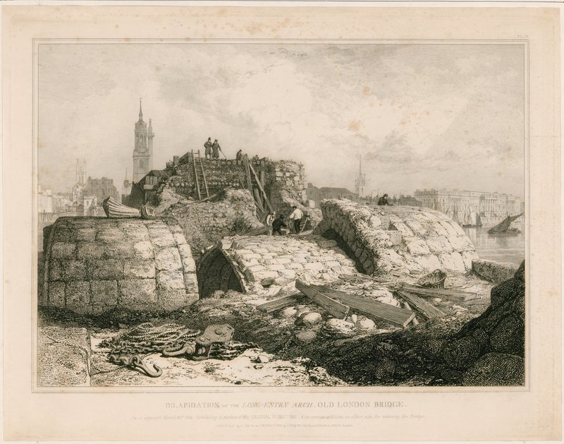 En del av Old London Bridge slik den så ut i juni 1832 av Edward William Cooke