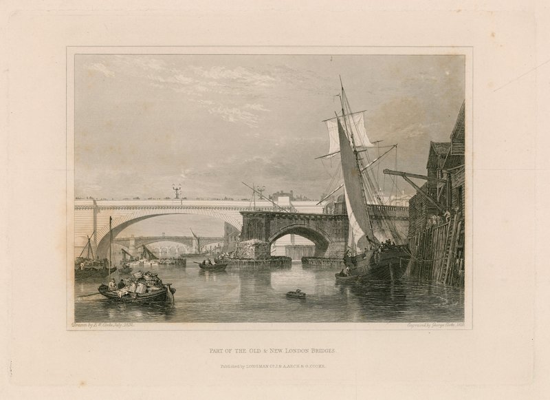 En del av den gamle og nye London Bridges. Tegnet 1832 av Edward William Cooke