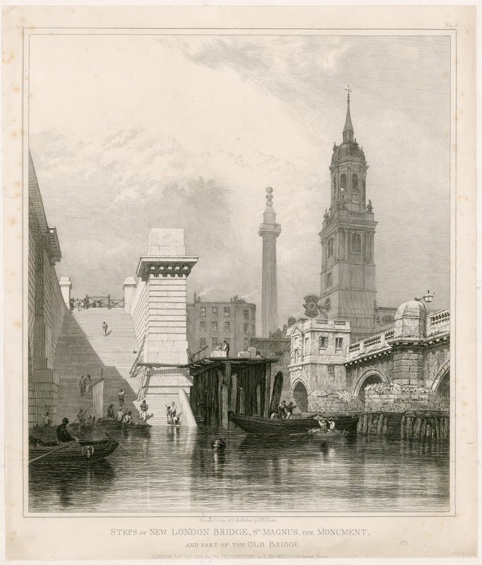 Steps of New London Bridge, St Magnus, monumentet og en del av Old Bridge av Edward William Cooke