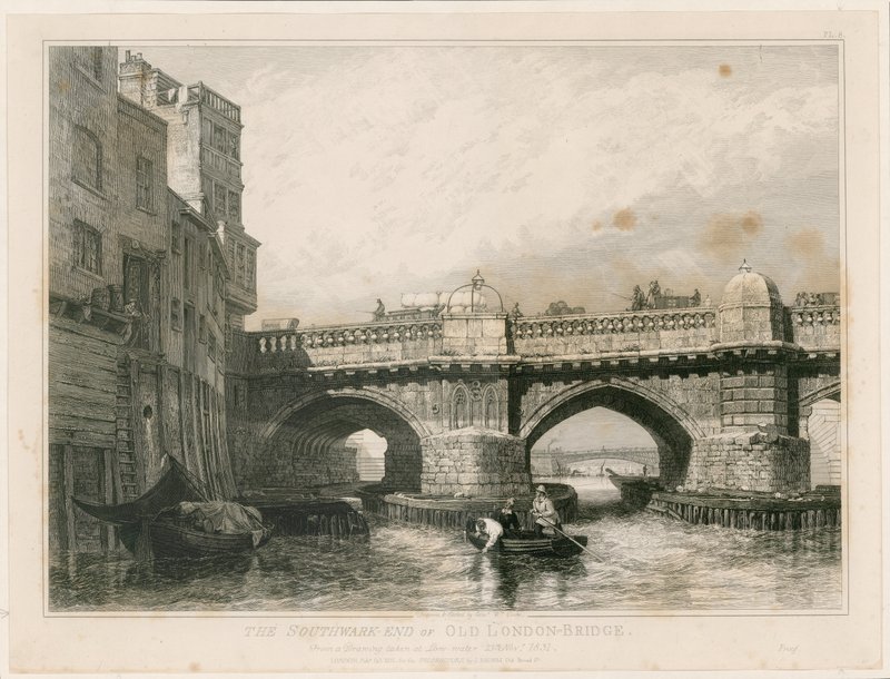 Southwark End av Old London Bridge av Edward William Cooke