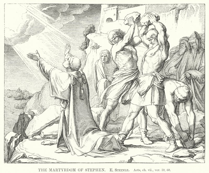 The Martyrdom of Stephen, Apostlenes gjerninger, kap vii, ver 59, 60 (gravering) av Edward von Steinle