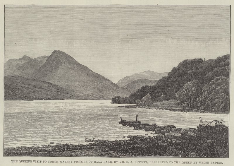 Dronningens besøk i Nord-Wales, bilde av Bala-sjøen, presentert for dronningen av walisiske damer av Edwin Pettitt