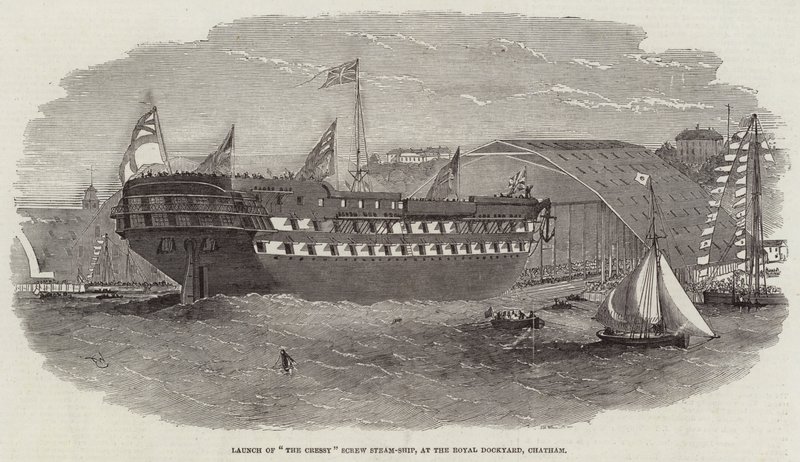 Lansering av The Cressy Screw Steam-Ship, på Royal Dockyard, Chatham av Edwin Weedon