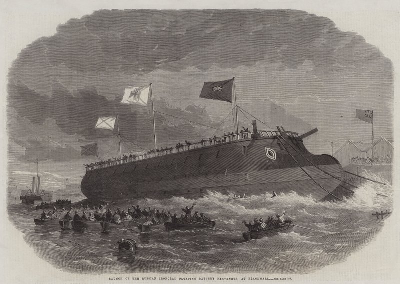 Lansering av det russiske Ironclad Floating Battery Pervenetz, på Blackwall av Edwin Weedon