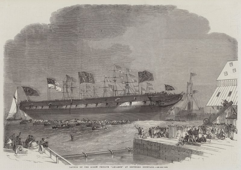 Lansering av skrufregatten Ariadne på Deptford Dockyard av Edwin Weedon