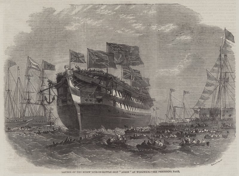 Lansering av Screw Line-of-Battle Ship Anson ved Woolwich av Edwin Weedon