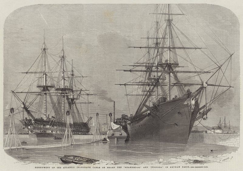 Omsending av Atlantic Telegraph Cable om bord på Agamemnon og Niagara i Keyham Basin av Edwin Weedon