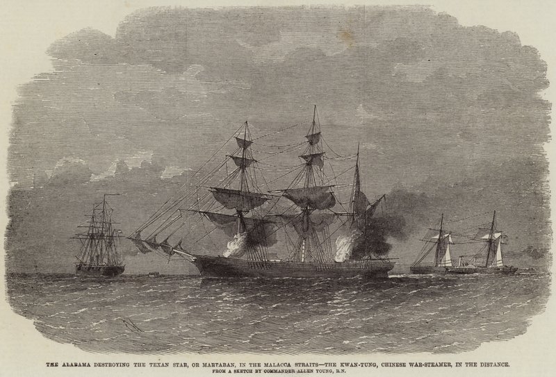 Alabama som ødelegger Texan Star, eller Martaban, i Malacca-stredet, Kwan-Tung, Chinese War-Steamer, i det fjerne av Edwin Weedon