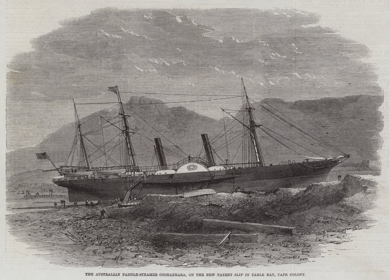 Den australske hjuldamperen Coonanbara, på den nye patentseddelen i Table Bay, Cape Colony av Edwin Weedon