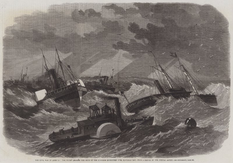 Borgerkrigen i Amerika, piketten som leder Ships of the Burnside Expedition over Hatteras Bar av Edwin Weedon