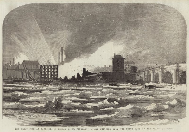 Den store brannen ved Bankside, fredag kveld 16. februar 1855, skissert fra Themsens nordbredd av Edwin Weedon