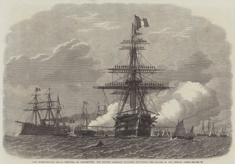 Den internasjonale sjøfestivalen i Portsmouth, den britiske admiralens flaggskip som returnerer salutten til den franske flåten av Edwin Weedon