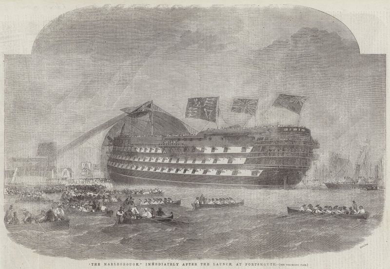 Marlborough, umiddelbart etter lanseringen, ved Portsmouth av Edwin Weedon