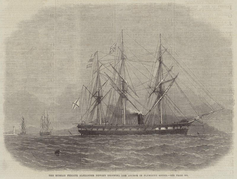 Den russiske fregatten Alexander Newsky slipper ankeret sitt i Plymouth Sound av Edwin Weedon