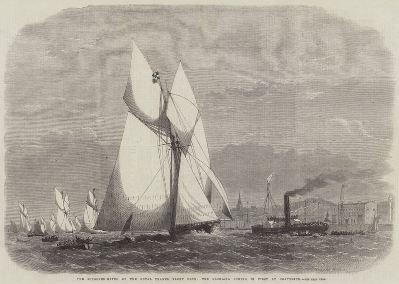 Schooner-kampen til Royal Thames Yacht Club, Gloriana kommer først inn på Gravesend av Edwin Weedon