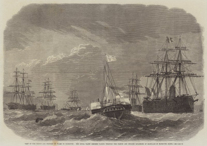 Besøk av prinsen og prinsessen av Wales til Plymouth, Royal Yacht Osborne som passerer gjennom den franske og engelske skvadronen av Ironclads i Plymouth Sound av Edwin Weedon
