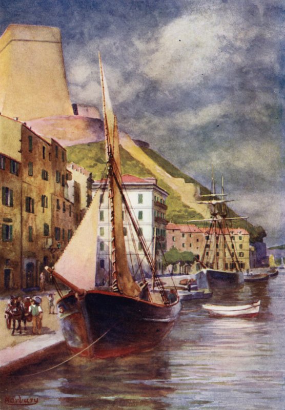 Korsika: Havnen, Bonifacio (farge litho) av Edwin Arthur Norbury
