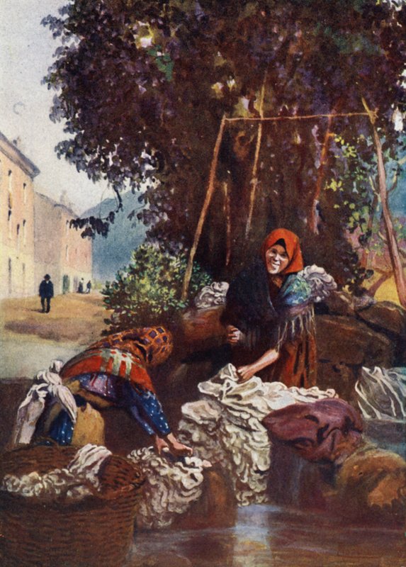 Korsika: Kvinne vasker lin (farge litho) av Edwin Arthur Norbury