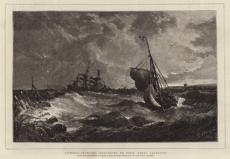 Fiske, trålere som returnerer til havn, Great Yarmouth av Edwin Hayes