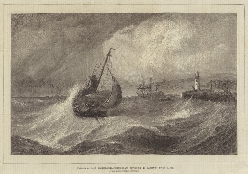 Freshening Gale, Scarborough, fiskebåter som returnerer til havnen, i Royal Academy Exhibition av Edwin Hayes