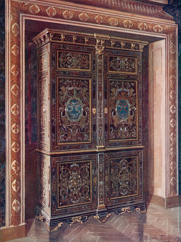 Armoire i ibenholt med innlegg av gravert messing og hvitmetall. Chased Ormolu-fester. The Royal Monogram of L