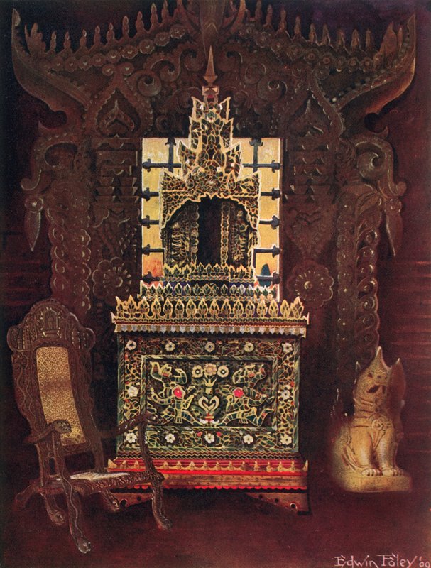 Asiatiske møbler fra samlingen til Lord Curzon fra Kedleston, G.C.S.I., D.C.L., etc. Burmesisk utskåret og forgylt døråpning fra Mandalay. Buddhistisk manuskriptboks (Poongyi) og helligdom (Sadaik) av Wood E av Edwin John Foley