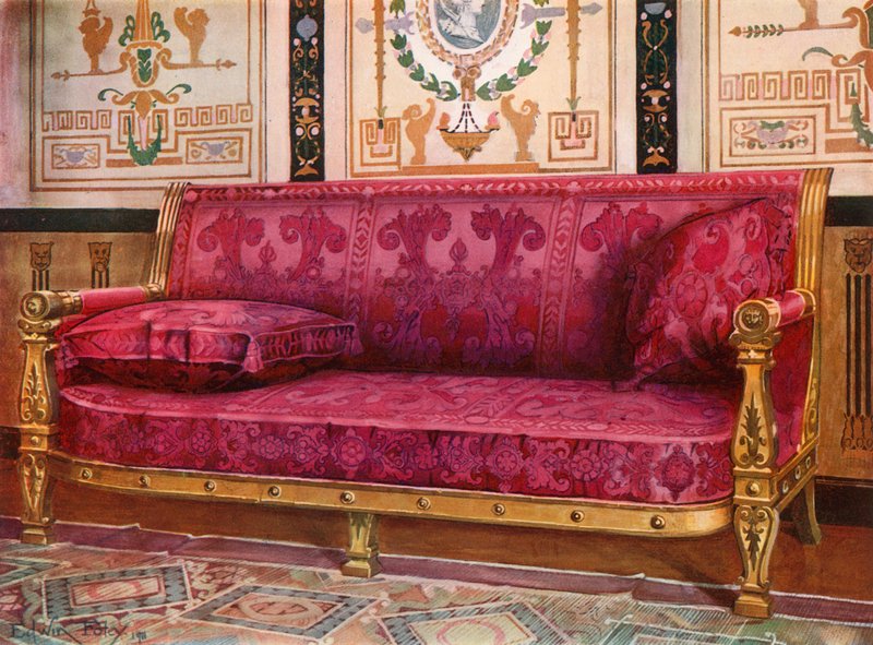 Utskåret forgylt sofa dekket i Rose Brocade de Lyons av Edwin John Foley