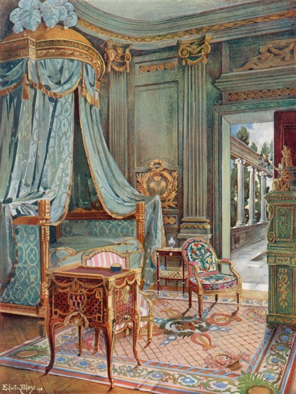 Utskåret og forgylt drapert kuppelseng. Bureau-Toilette (eller Petit Secretaire) i Marqueterie. Cartonnier i grønn lakk av Edwin John Foley