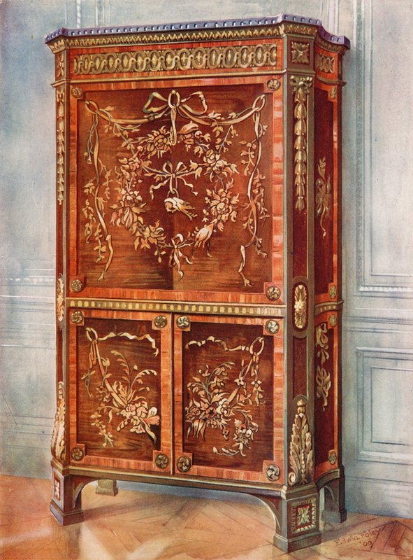 Innlagt Ormolu-montert oppreist sekretær for Sycamore, Tulip, Kingwood, Holly og andre skoger - naturlig og beiset av Edwin John Foley