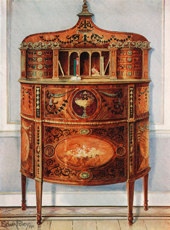 Innlagt og malt Satinwood Skrivebordskap, Ormolu-montert av Edwin John Foley