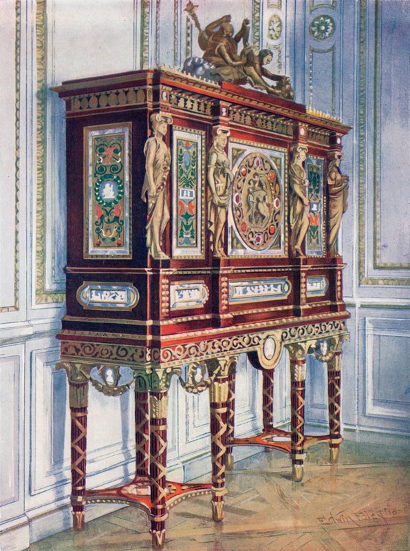 Jewel Cabinet of Queen Marie Antoinette: Av mahogni, forgylt, innlagt, utskåret og med malte plaketter av Edwin John Foley