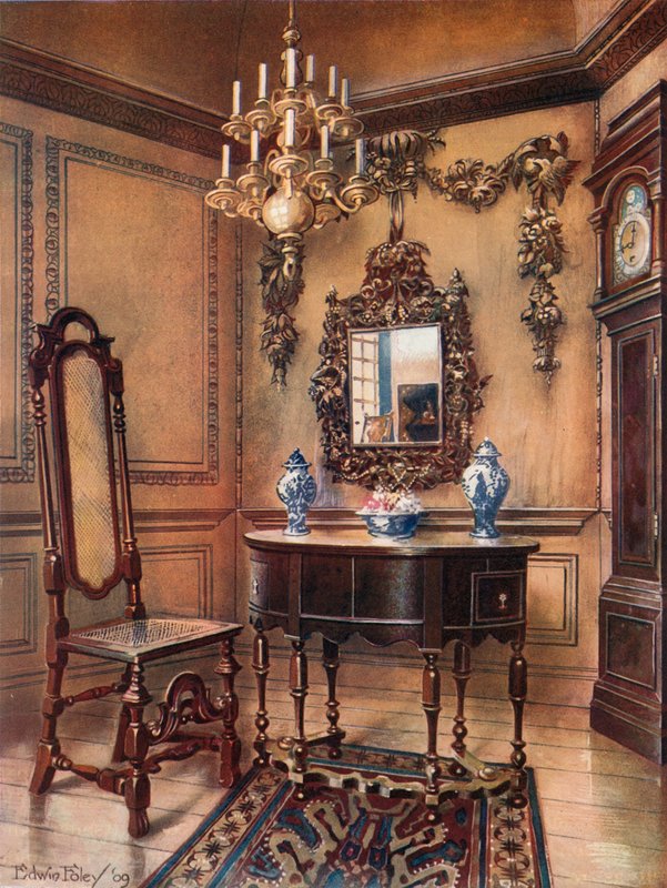 Panel, med Grinling Gibbon Carvings. Speilramme, valnøttbord, William og Mary. Walnut Chair, Charles Wesleys Walnut High-Case-klokke av Edwin John Foley