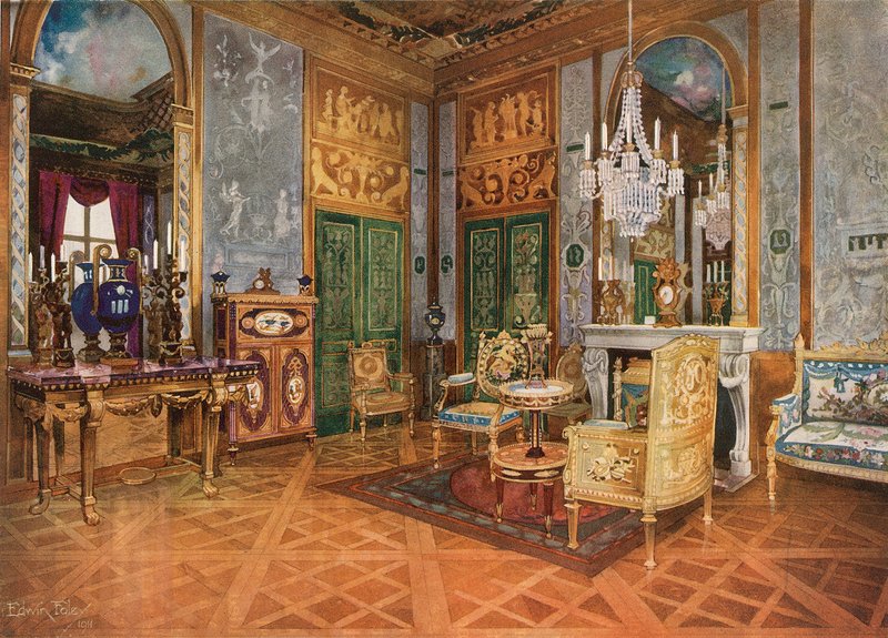 Salon de Musique av dronning Marie Antoinette, Palace of Fontainebleau, Frankrike. Utskåret og forgylt konsoll. Forgylt sofa i Beauvais-teppet. Bord, Ormolu-montert og med Sevres-plaketter. Hytteinnlegg av Edwin John Foley