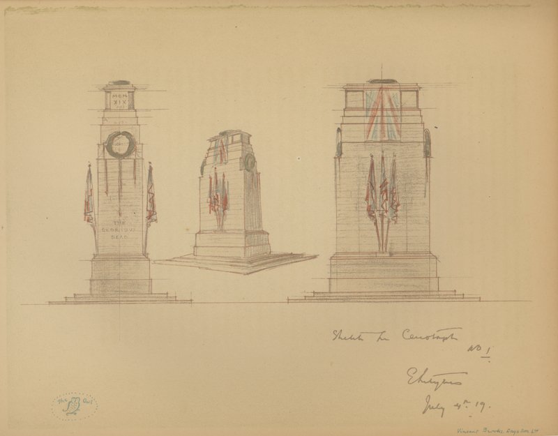 Skisse nr. 1 for Cenotaph, Whitehall, Westminster, London (farge litho) av Edwin Landseer Lutyens