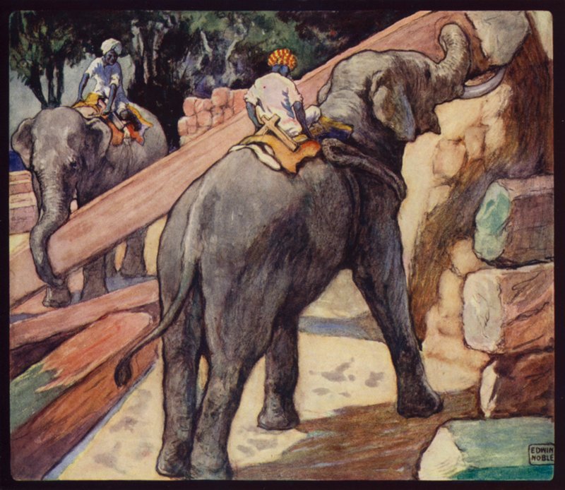 Elefanter hoper seg teak (farge litho) av Edwin Noble