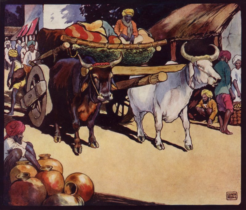 Indian Bullock-Waggon (farge litho) av Edwin Noble