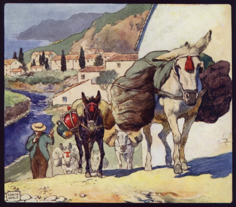 Muldyr på et spansk pass (farge litho) av Edwin Noble