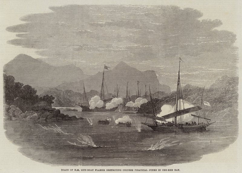 Båter av HM Gun-Boat Flamer ødelegger kinesisk piratskrot i Cho-Kee Bay av Edwin Weedon