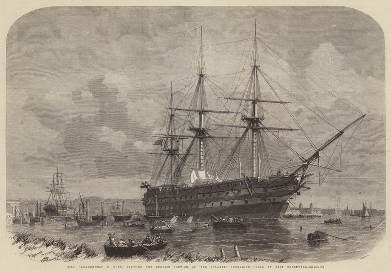 HMS Agamemnon, 91 Guns, frakter den engelske delen av den atlantiske ubåtkabelen ved East Greenwich av Edwin Weedon