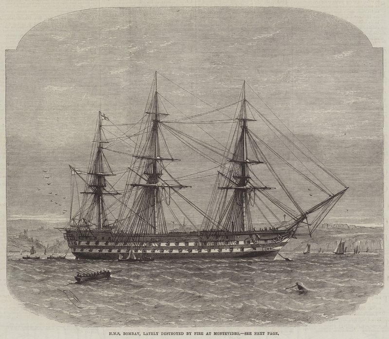 HMS Bombay, nylig ødelagt av brann i Montevideo av Edwin Weedon