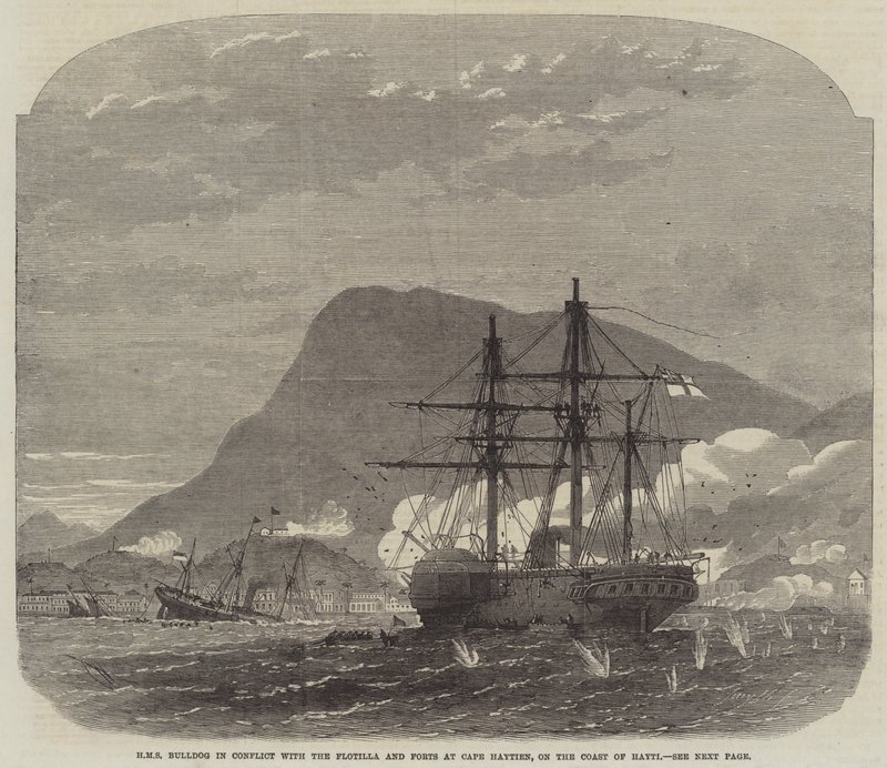 HMS Bulldog i konflikt med flottiljen og fortene ved Cape Haytien, på kysten av Hayti av Edwin Weedon