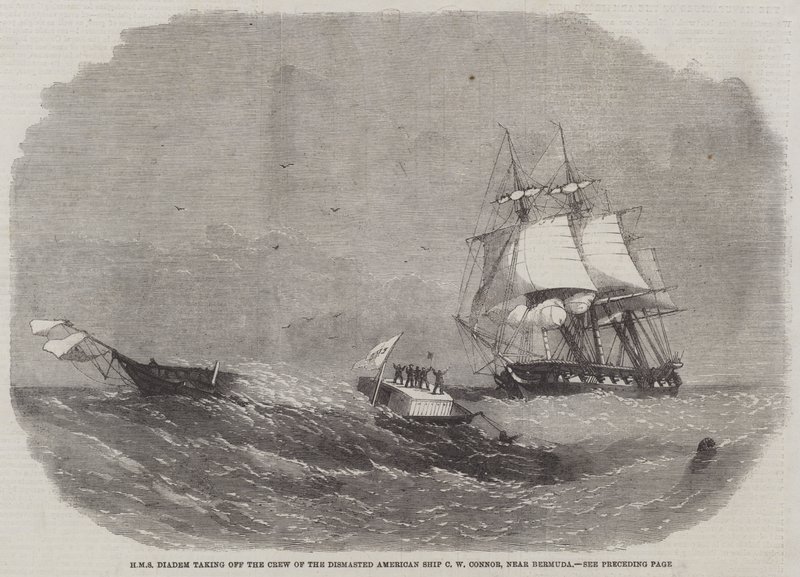 HMS Diadem tar av mannskapet på det dismasted amerikanske skipet C W Connor, nær Bermuda av Edwin Weedon