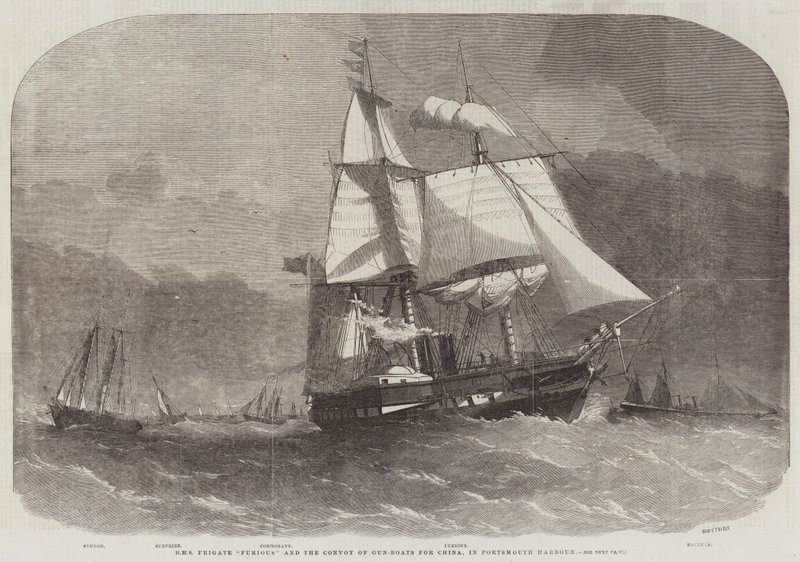 HMS Fregate Furious og konvoien av våpenbåter for Kina, i Portsmouth havn av Edwin Weedon