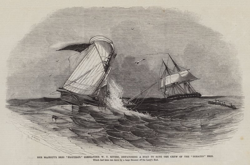 Hennes Majestets Brig Nautilus, kommandør W T Rivers, sender en båt for å redde mannskapet på Horatio Brig av Edwin Weedon