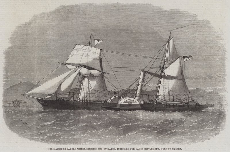 Hennes Majestets Paddle-Wheel-Steamer-etterforsker, beregnet på Lagos-bosettingen, Guineabukta av Edwin Weedon
